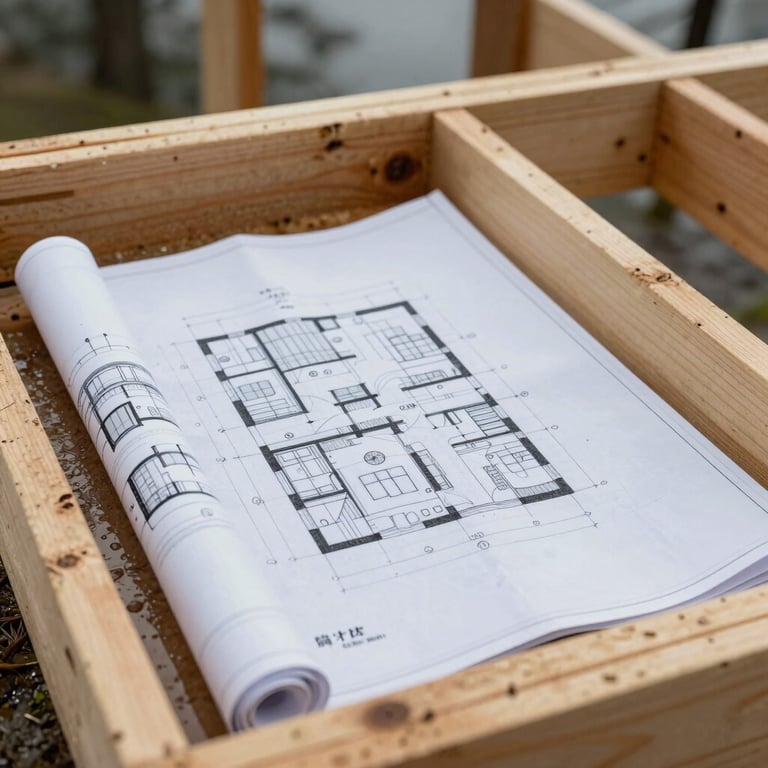 Tight macro shot of architectural blueprints overlaid on raw wood framing on a damp, overcast morning in the Pacific Northwest.