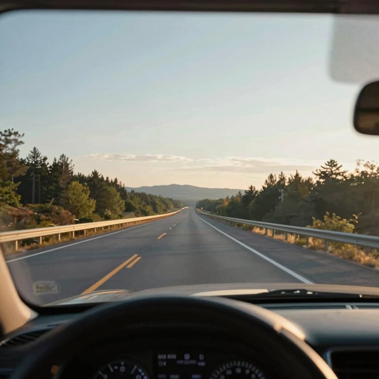 Low angle shot of a driver's perspective through a perfectly clear, clean windshield while driving on a scenic North American highway during the morning golden hour.