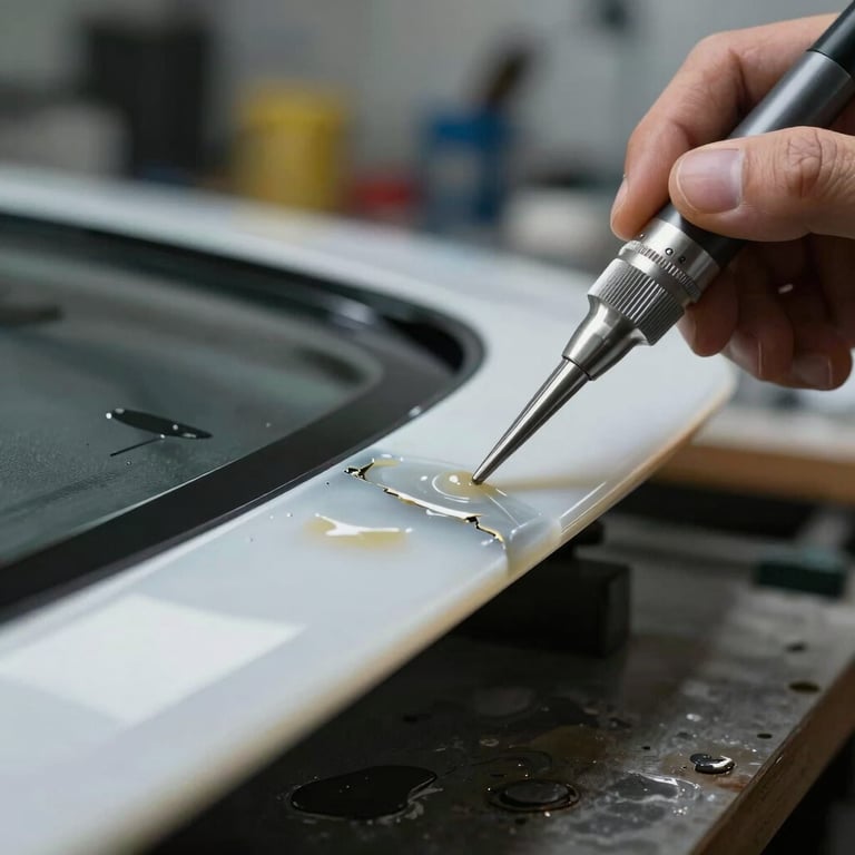 Macro photography of a high-end resin being applied to a windshield chip with specialized silver tools, soft daylight, professional North American workshop setting.