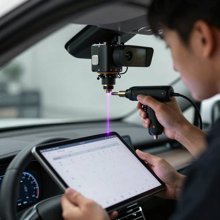 A professional technician using a digital tablet and laser tool to recalibrate a modern vehicle's camera system behind the windshield, high-tech and precise.