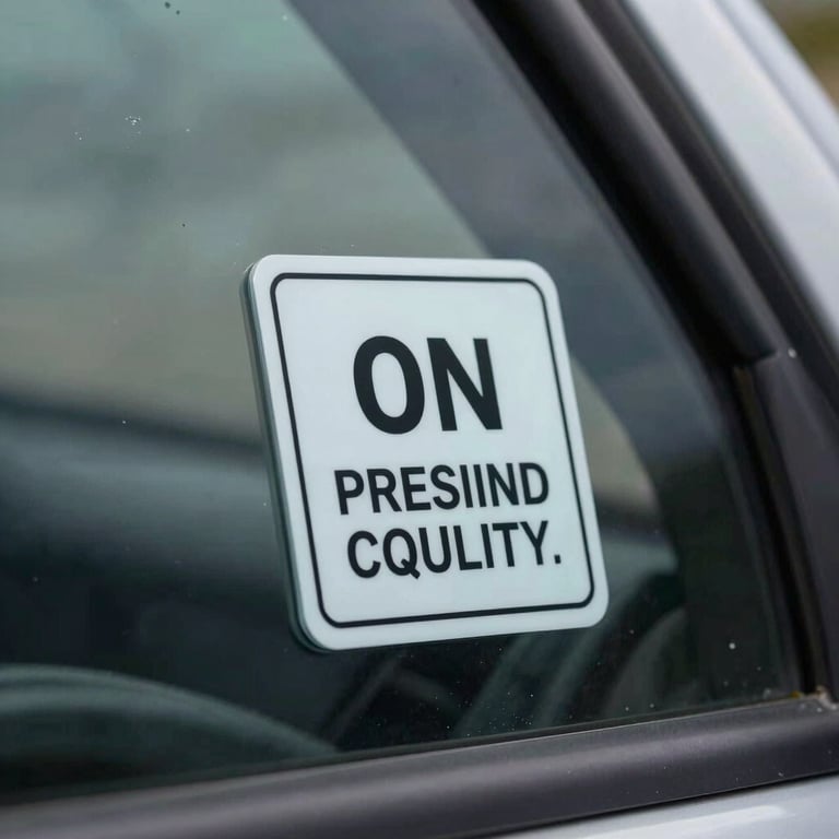 Close-up of an OEM-certified glass windshield label in the corner of a window, emphasizing premium quality and factory standards, soft studio lighting.