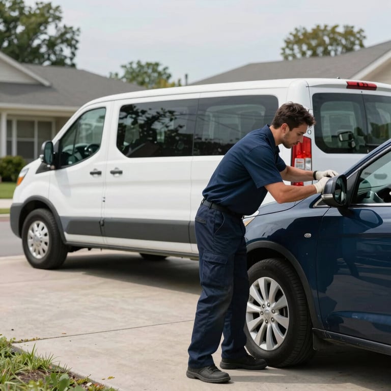 Wide shot of a mobile glass service technician in a clean uniform working on a car in a bright North American suburban driveway, deep navy and pearl white branded van in the background.