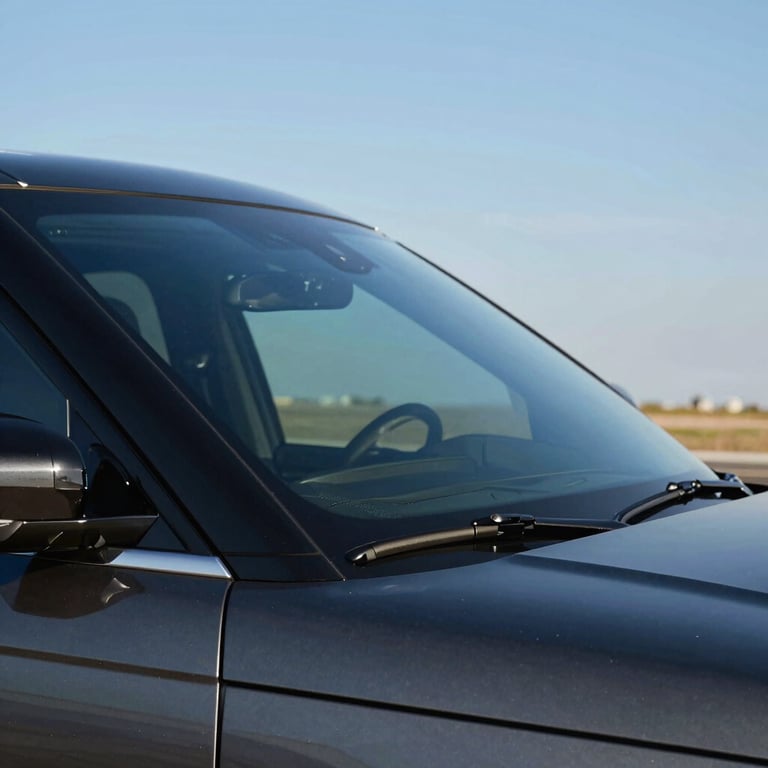 Side view of a luxury SUV parked on a paved road with a flawless, reflective windshield, clear blue sky overhead, sharp focus on the glass.