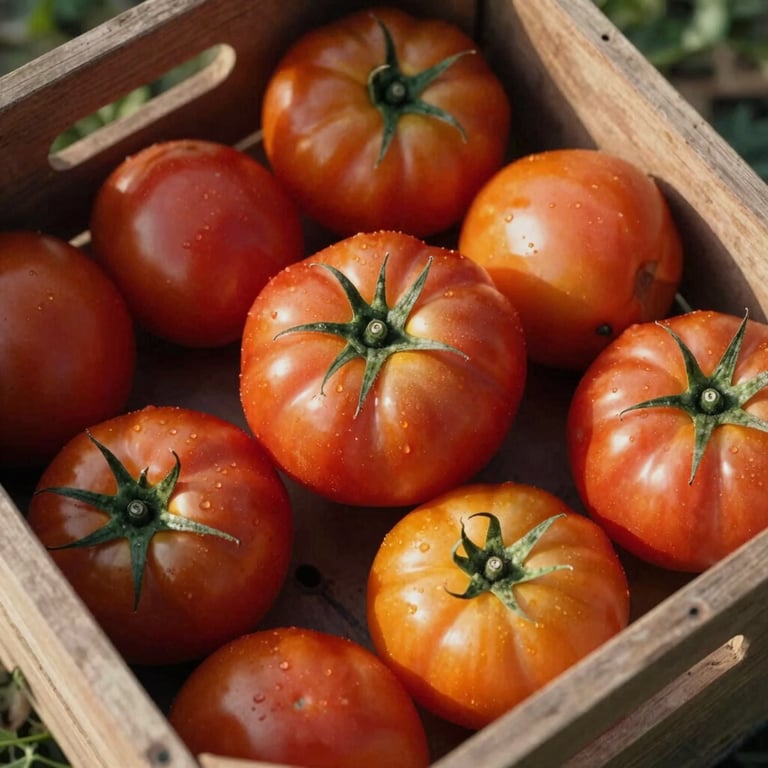 A crate of bright red and orange heirloom tomatoes reflecting the afternoon sun in a North American / US setting.