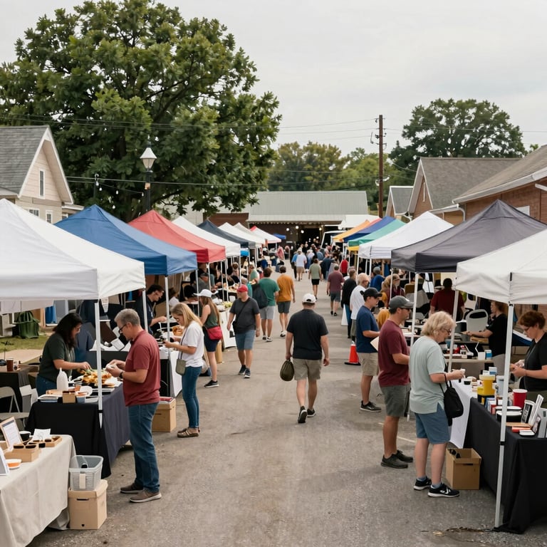 A wide shot of the Belpre market hub with people browsing stalls in a friendly, community-focused North American / US environment.