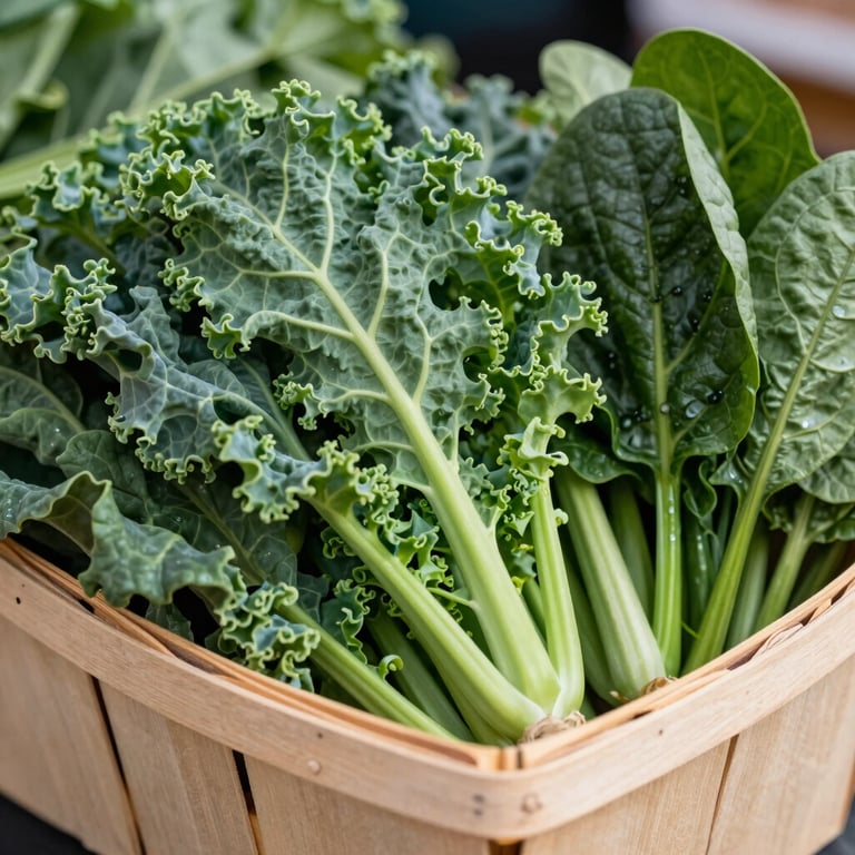 A close-up of fresh, crisp forest green kale and spinach in a tan wooden basket at an outdoor market in North American / US.