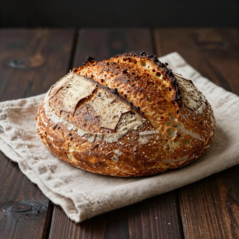 Artisan sourdough bread with a golden-brown crust resting on a beige linen cloth on a dark wood table.