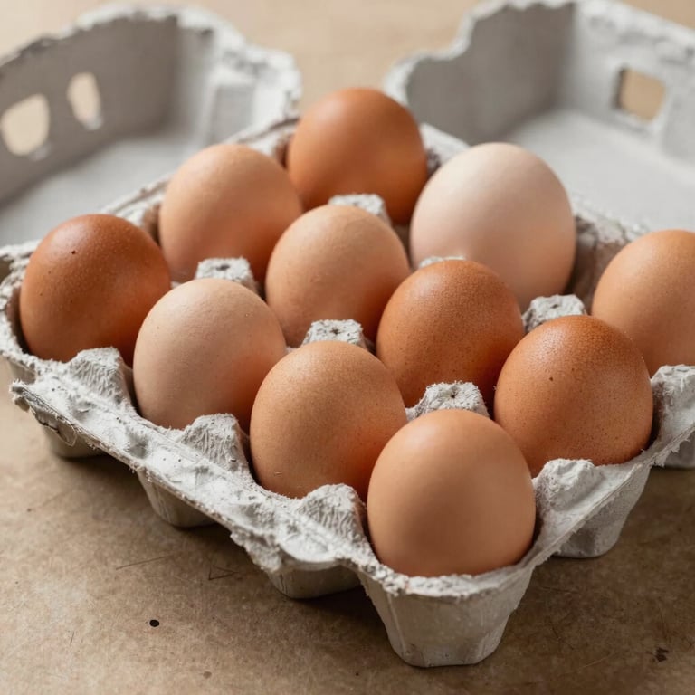 Fresh organic eggs in a pulp carton sitting on a rustic tan surface in a farm-to-table setting.