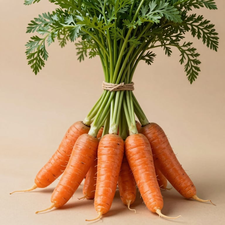 A bundle of vibrant orange carrots with long green tops tied with twine on a beige background.