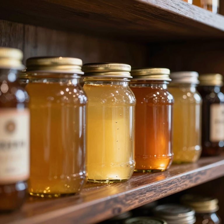 A row of glass jars containing local honey and preserves, glowing golden in the natural light on a dark wood shelf.