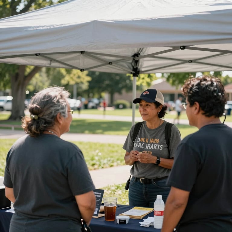 Local residents interacting warmly at a vendor stall under a white canopy in a clean, sunny North American / US park.