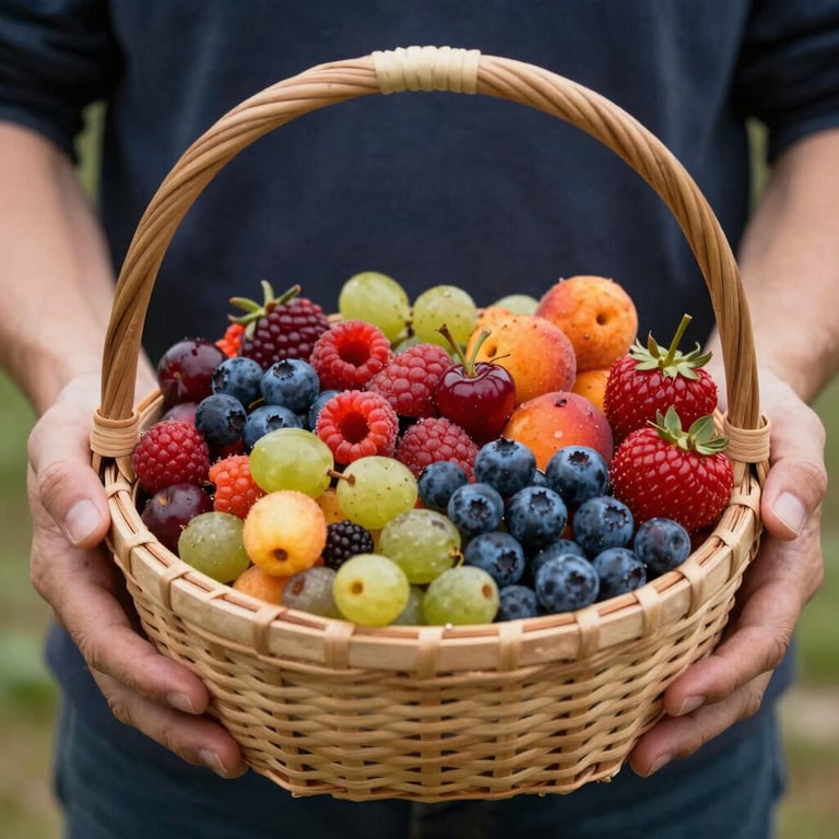 Hands holding a woven basket overflowing with colorful seasonal berries and fruits.