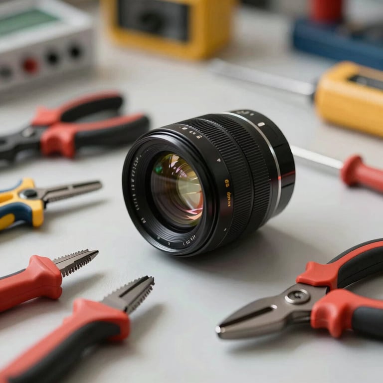 Close-up of high-quality electrical tools on a clean surface in a Portuguese workshop.