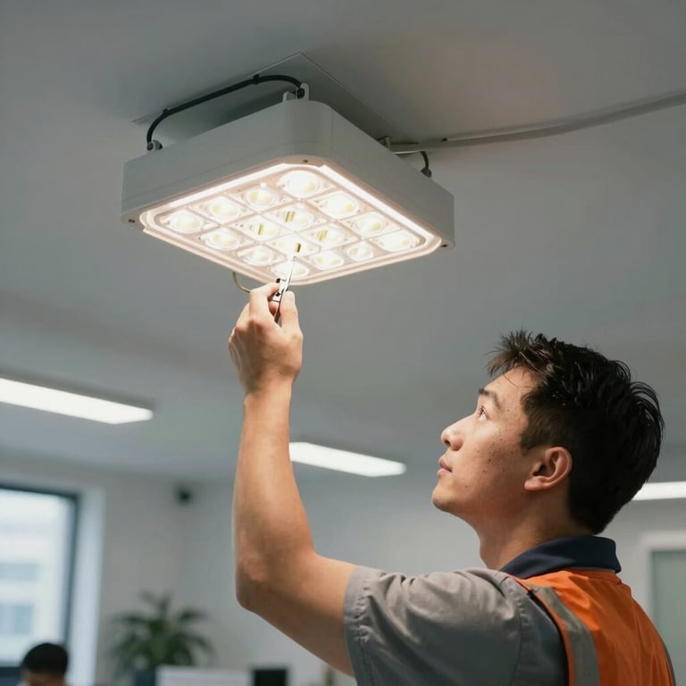 An electrician installing energy-efficient LED lighting in a modern commercial office.