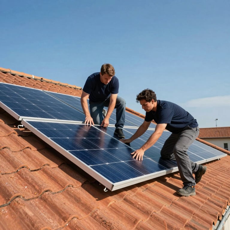 A team of professionals installing solar panels on a terracotta roof under a clear blue sky.