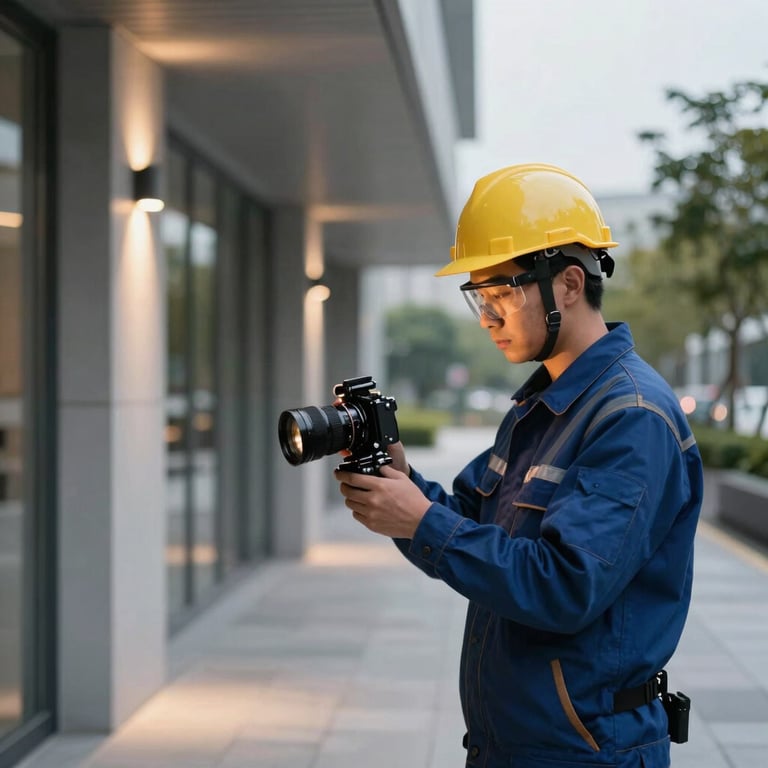 Technician wearing safety gear inspecting outdoor lighting along a contemporary walkway.