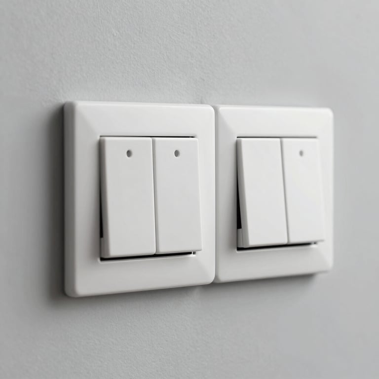 Macro shot of modern, minimalist light switches on a pale grey wall interior.