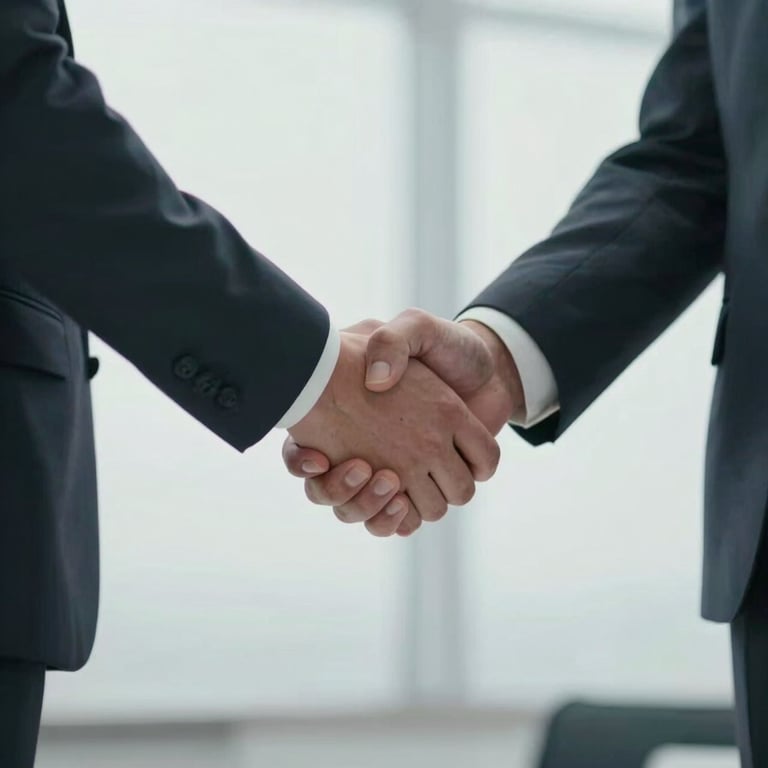 A low-angle shot of a professional handshake between two people in sharp corporate attire, captured in soft natural light.