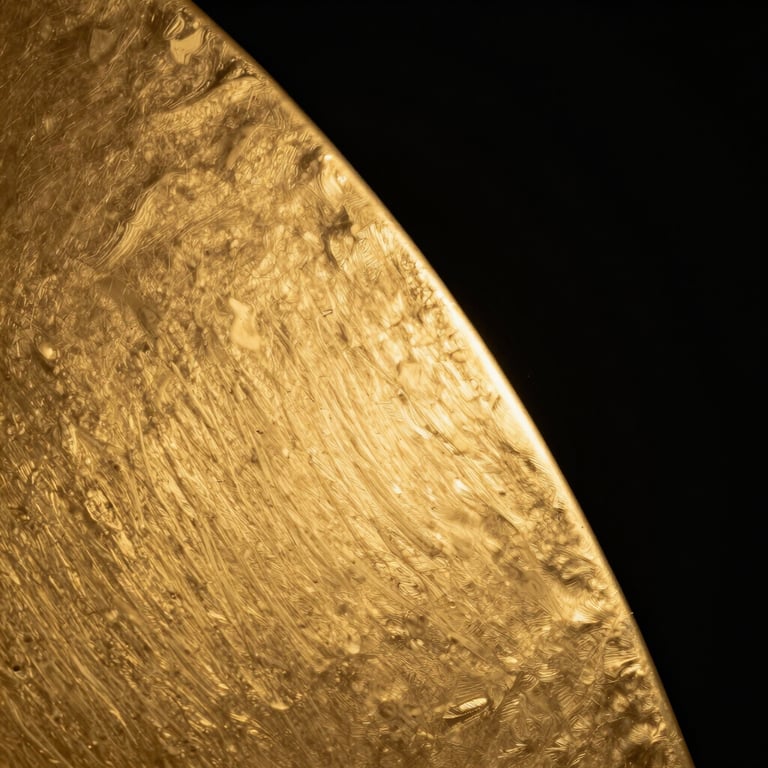 An abstract photograph of light reflecting off a metallic gold surface against a rich black background.