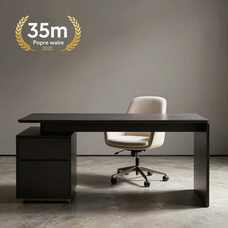 A sleek, minimalist workspace with a dark charcoal desk and a single soft off-white designer chair in a pool of light.