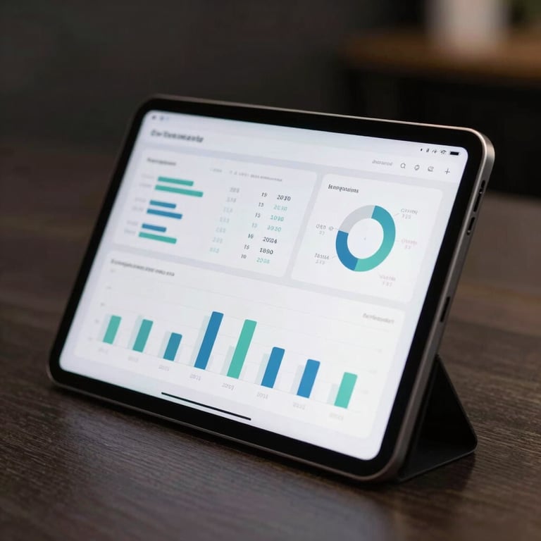 Close-up of a high-end digital tablet displaying clean, minimalist business analytics in a dark room.
