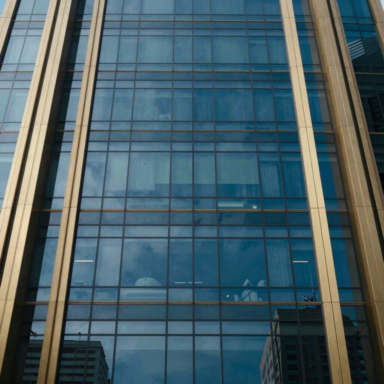 Cinematic shot of a modern glass skyscraper reflecting a deep blue sky, framed by metallic gold architectural details.