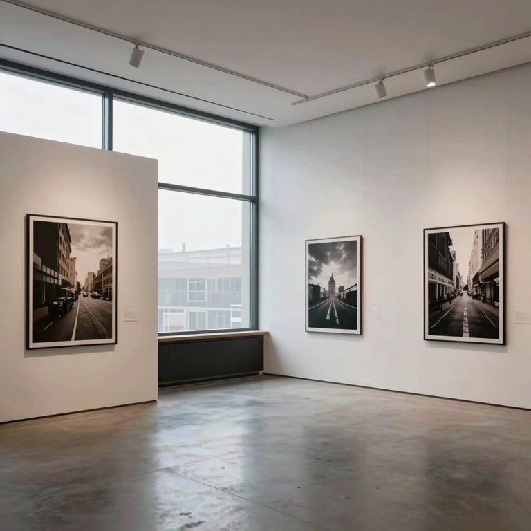 A wide shot of a contemporary art gallery style office with large windows and high-end photographic prints on off-white walls.