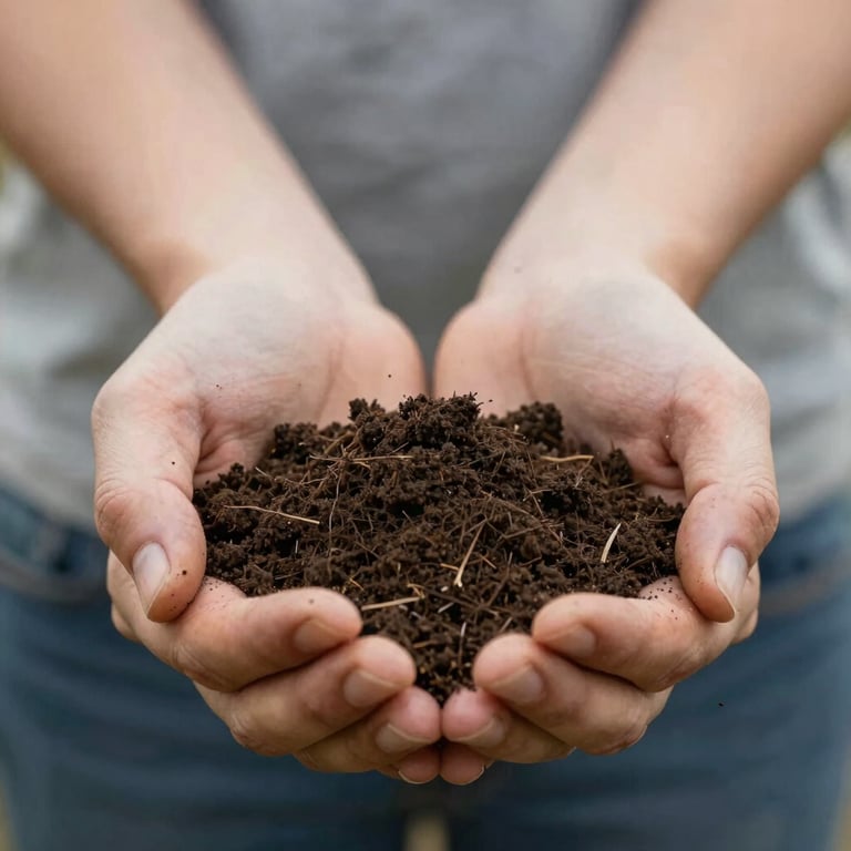 Macro shot of rich, dark farm soil being held in a hand, symbolizing grounded integrity and respect for the land.