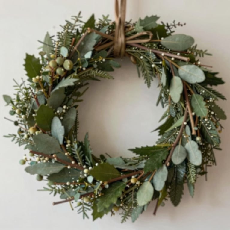 A close-up of a hand-tied wreath made from farm-grown boughs, representing natural beauty and craftsmanship.
