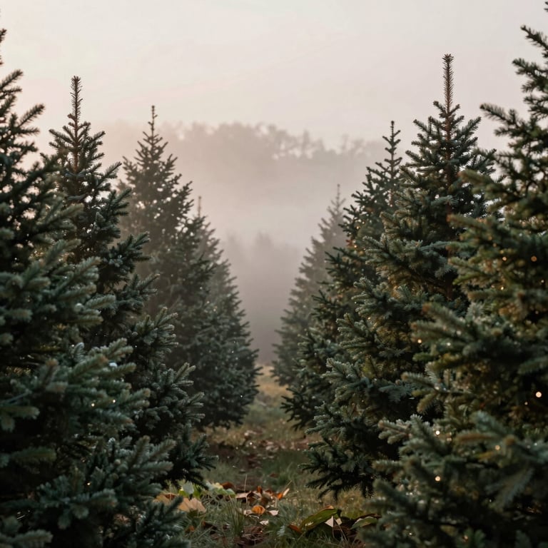 Rows of Christmas trees disappearing into a soft afternoon mist, creating a sense of sophisticated, natural tranquility.