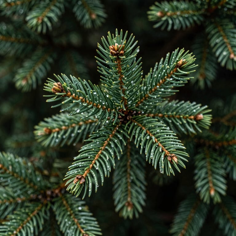 A close-up of fresh, dew-covered pine needles on a healthy Christmas tree, featuring deep #2C3A2D greens.