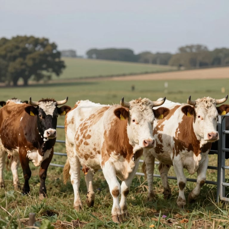 Healthy cattle moving through a gateway in a well-maintained paddock, showcasing reliability and care.