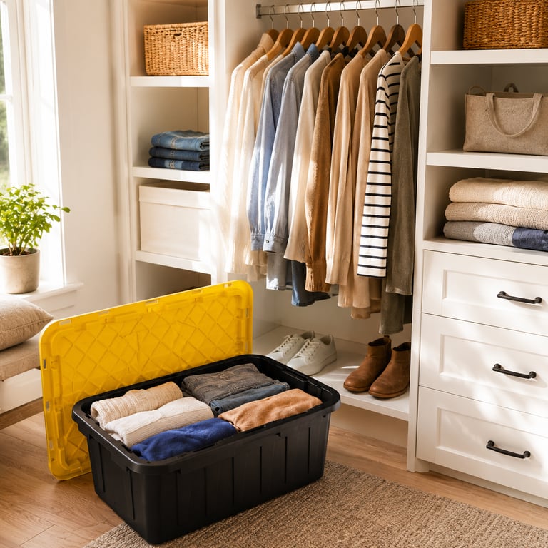 black and yellow tote packed in closet