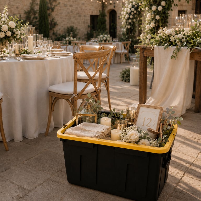 black and yellow tote packed with wedding and event decorations