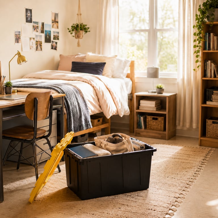 black and yellow tote on the floor of a college dorm room