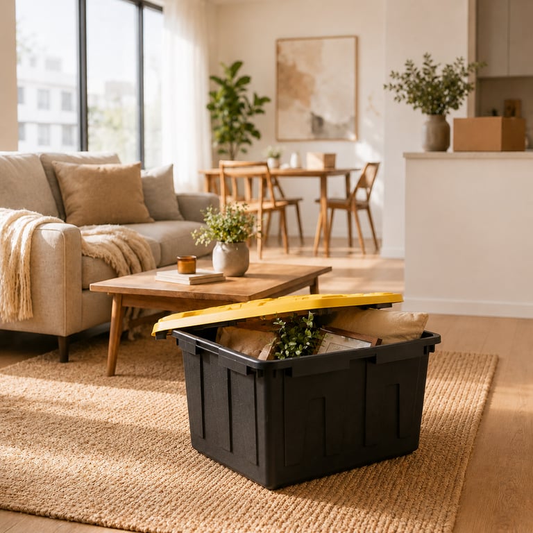 black and yellow tote packed on the floor of an apartment living room