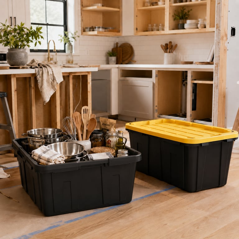 black and yellow totes packed with kitchen and cooking items during a renovation
