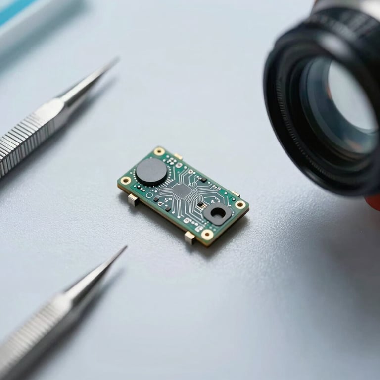 Close-up overhead documentation angle of a miniaturized electronic medical sensor component on a sterile white surface, precision calibration tools alongside, cool even clinical lighting, no hands visible, sharp focus on circuit detail