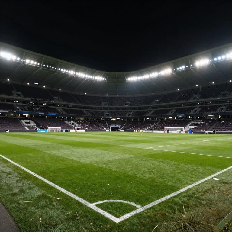 Glowing stadium lights illuminating a football pitch at night, energetic yet premium and professional atmosphere.