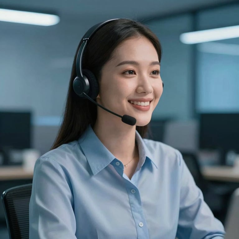 Southeast Asian / Vietnamese professional customer support agent smiling with headset, modern sophisticated office, deep blue lighting.