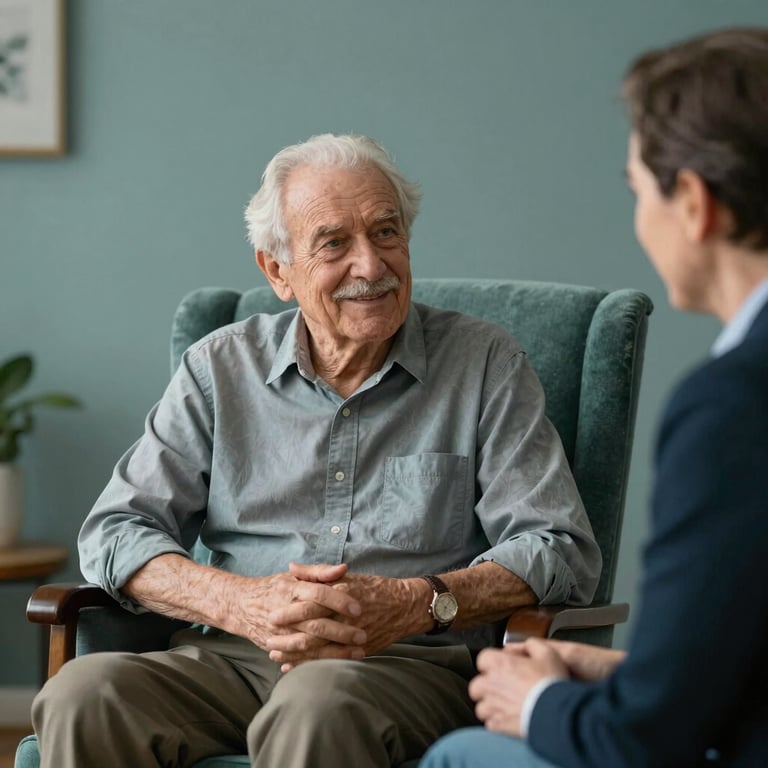 An elderly veteran in a comfortable chair, smiling as he talks with a compassionate advisor in a muted teal setting.