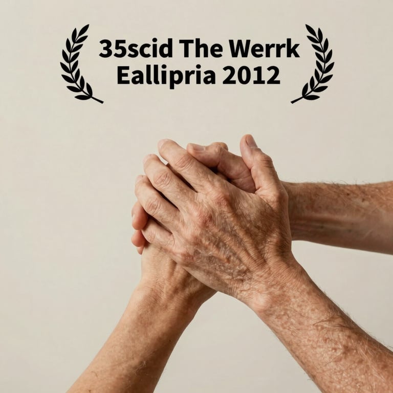 A pair of hands, one younger and one older, clasped together in a gesture of support, warm off-white background.