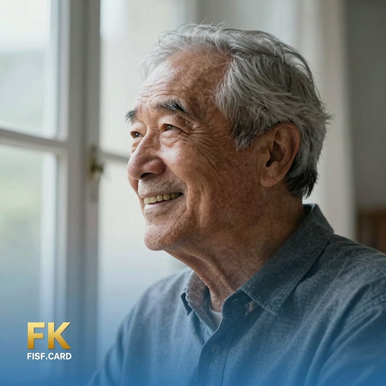 A senior man smiling warmly while looking out a bright window, soft misty blue accents in the room, high-quality photography.