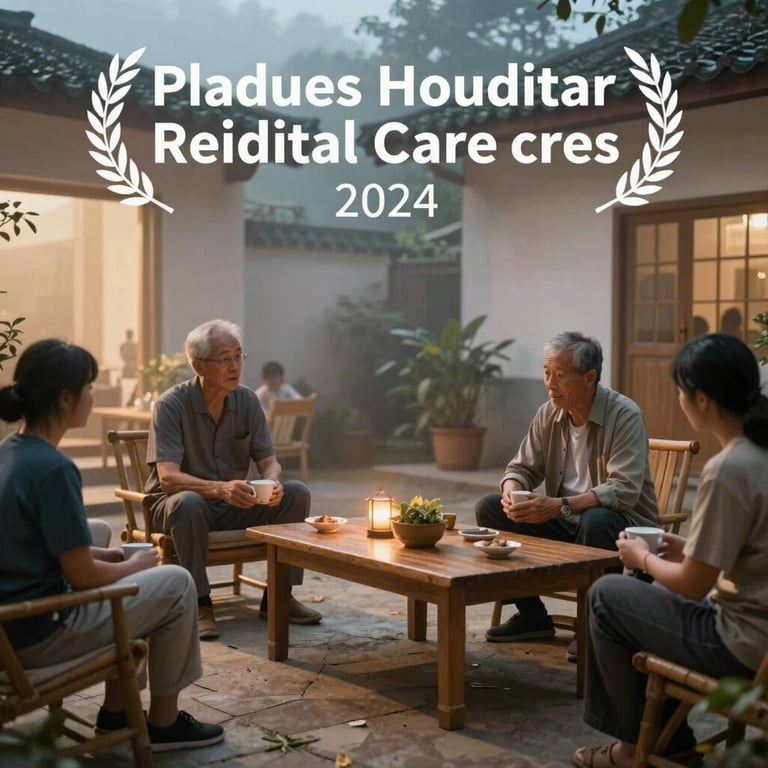 A peaceful communal living space in a residential care home, featuring warm textures and soft misty blue lighting.