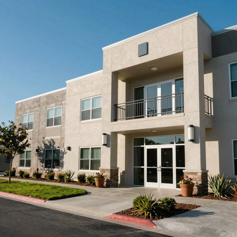 The exterior of a modern assisted living facility with professional landscaping under a clear blue Southern California sky.