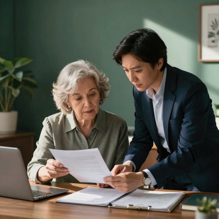 A senior woman and a care advisor reviewing documents in a professional, sunlit office with deep slate green office decor.