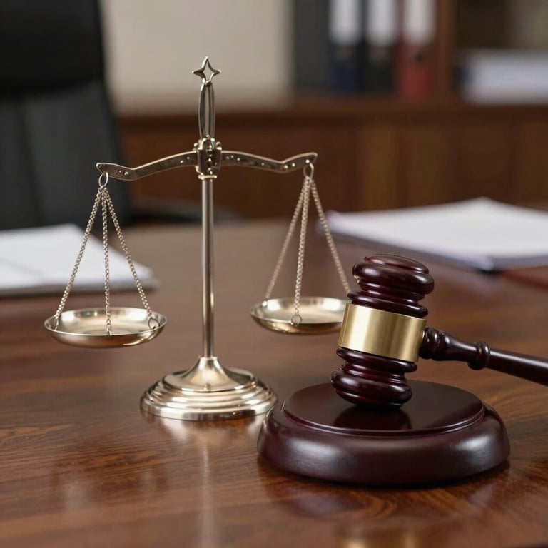 A close-up of a silver scales of justice and a gavel on a polished mahogany desk in a Latin American office, professional lighting, soft background blur, elegant and sober.