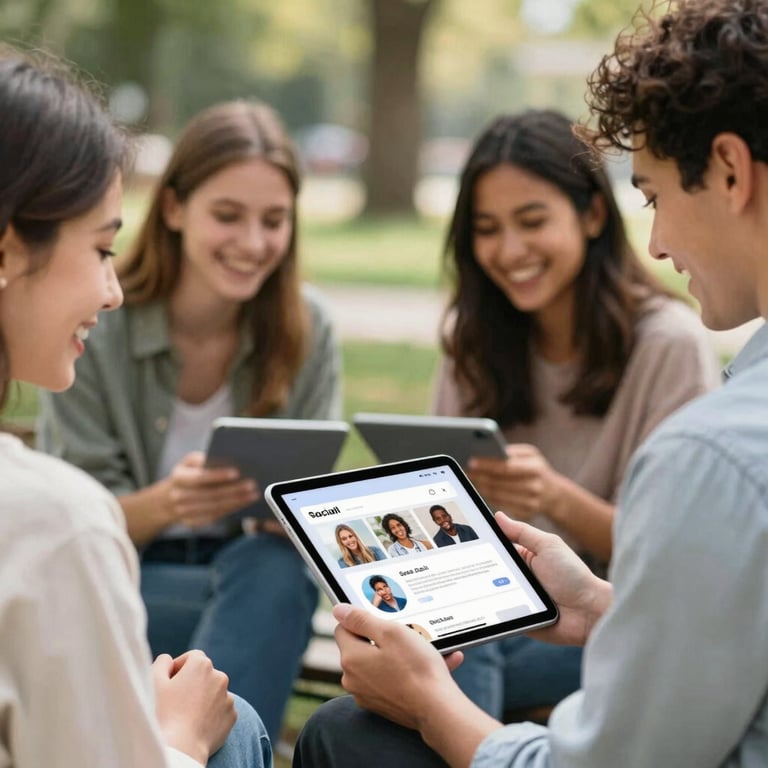 A diverse group of users laughing while interacting with a tablet-based social app in a bright, modern park setting.