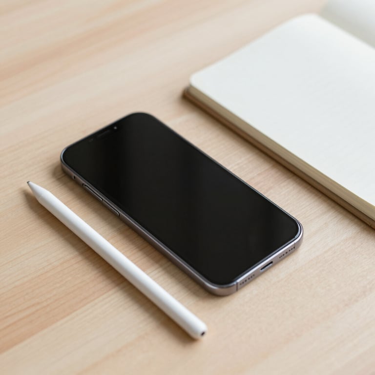 A minimalist flat-lay of a smartphone, a stylus, and a notebook on a light wooden desk, representing utility and productivity.