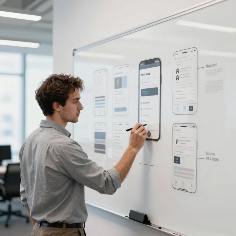 A professional developer sketching mobile UI wireframes on a whiteboard in a sleek office space.
